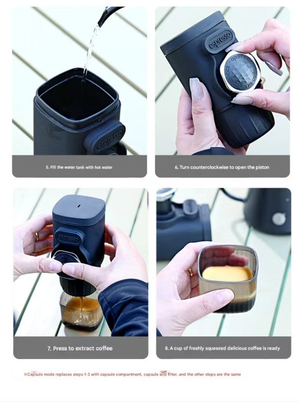White Portable Hand Press Espresso Machine - Compatible with Espresso Capsules and Ground Coffee for Home, Travel, and Outdoor Use