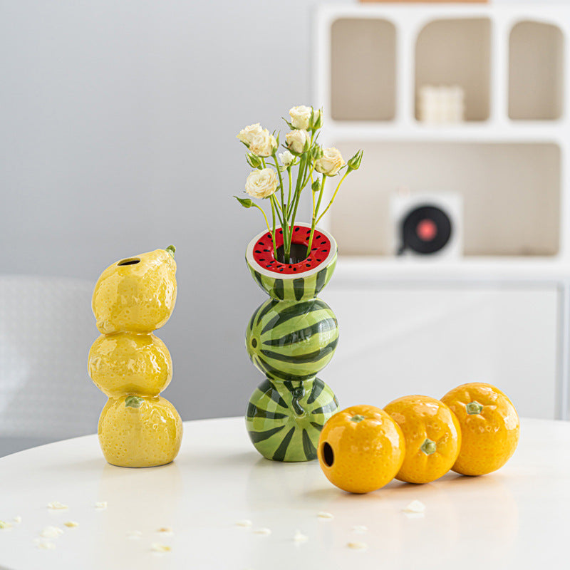 Orange Whimsical Stacked Fruit Ceramic Vase - Nordic Style Flower Holder for Modern Home Decor