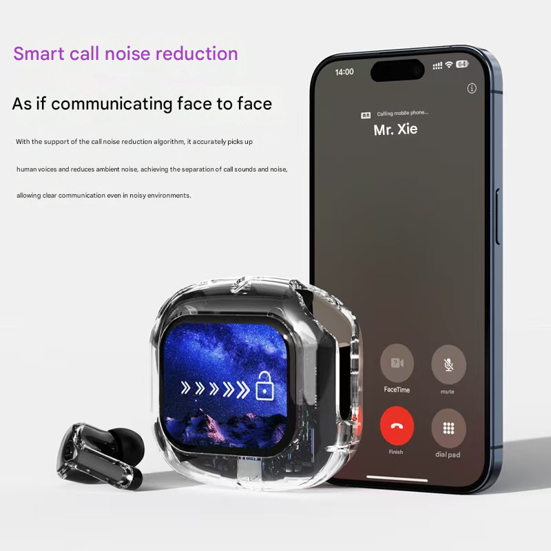 White Smart TWS Earbuds with Full-Color LCD Touchscreen Case - Bluetooth 5.4, HiFi Stereo & ENC Noise Cancelling