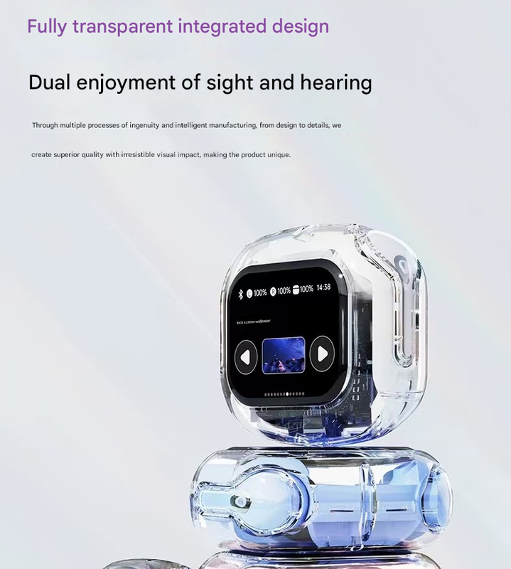 White Smart TWS Earbuds with Full-Color LCD Touchscreen Case - Bluetooth 5.4, HiFi Stereo & ENC Noise Cancelling