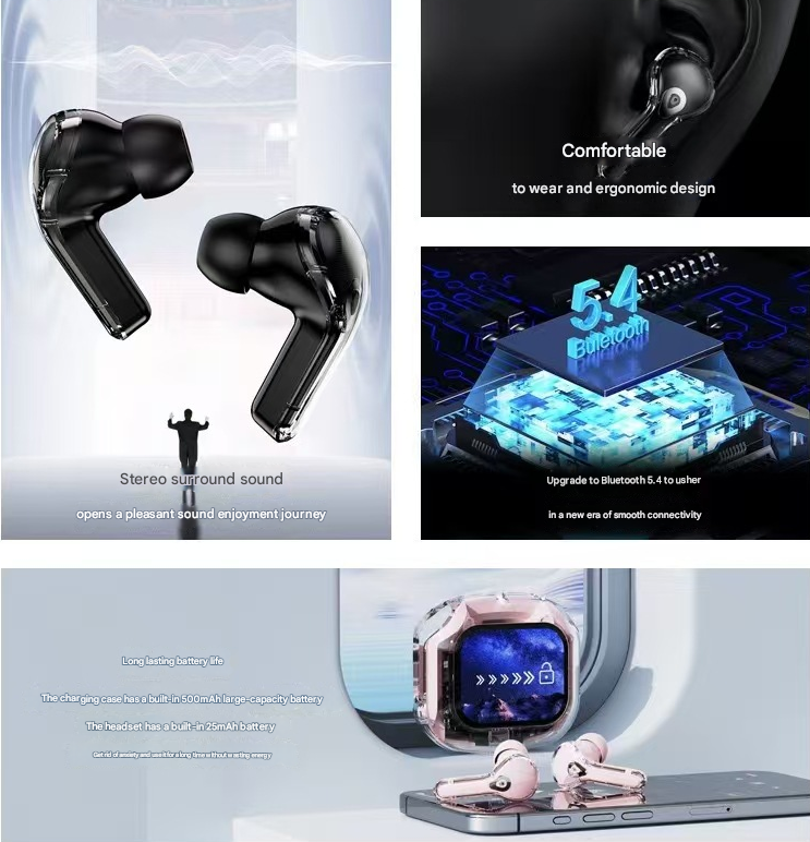 Blue Smart TWS Earbuds with Full-Color LCD Touchscreen Case - Bluetooth 5.4, HiFi Stereo & ENC Noise Cancelling