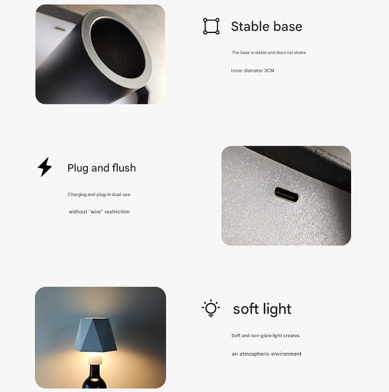 Triangular black Cordless LED Bottle Lamp - Rechargeable Touch-Control Table Light with 3 Color Modes for Bar & Home Decor