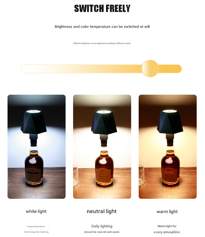 Triangular black Cordless LED Bottle Lamp - Rechargeable Touch-Control Table Light with 3 Color Modes for Bar & Home Decor