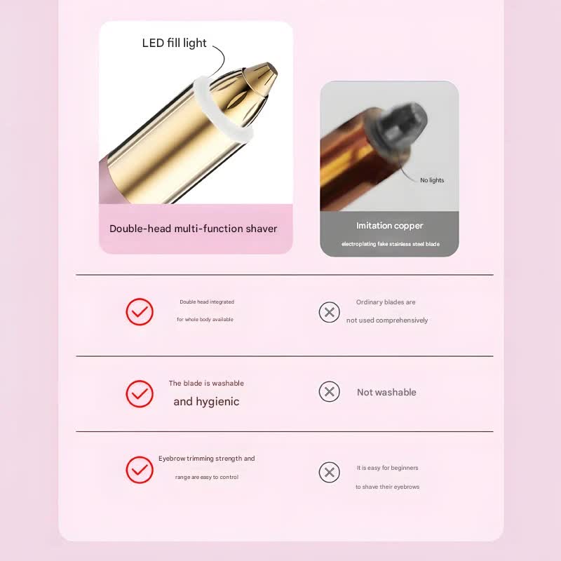 2-in-1 Electric Hair Remover for Women - Eyebrow Trimmer & Facial/Body Shaver with LED Light, USB-C Rechargeable pink