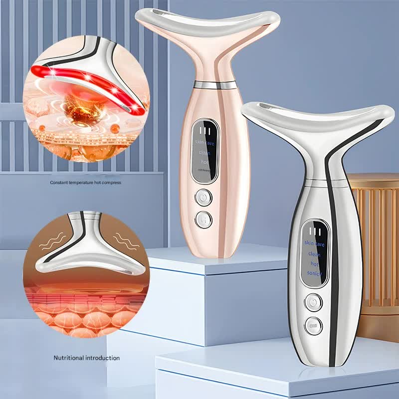 Multi-Functional Neck & Face Beauty Massager - Constant Heat, Ion Infusion & Sonic Vibration pink