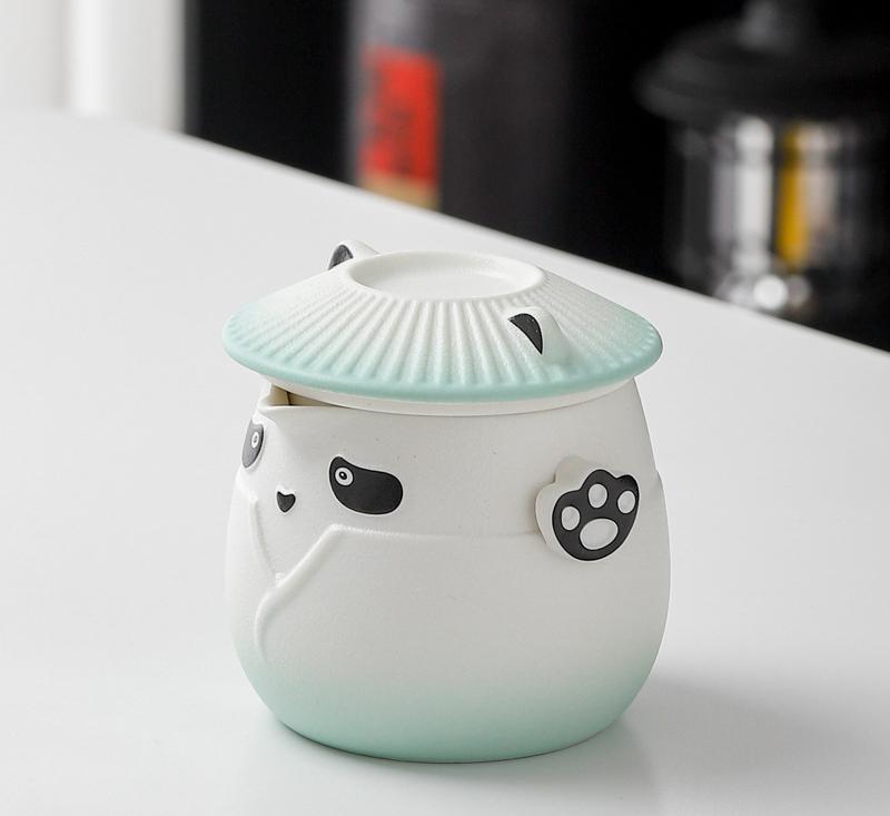 Adorable Panda Design Ceramic Tea Infuser Mug Set - 310ml Travel Crackle Glaze Cup with Lid & Strainer green