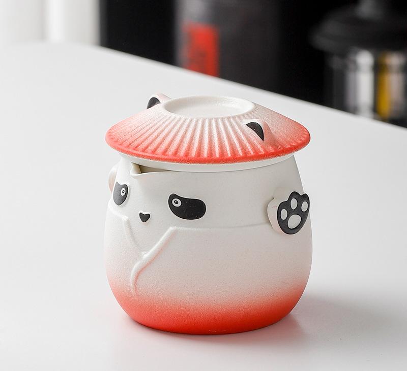 Adorable Panda Design Ceramic Tea Infuser Mug Set - 310ml Travel Crackle Glaze Cup with Lid & Strainer red