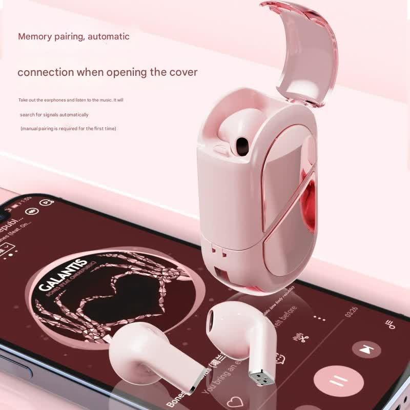 Mini True Wireless Bluetooth 5.3 Earbuds - Heart/Capsule Case, Touch Control, Auto-Connect white