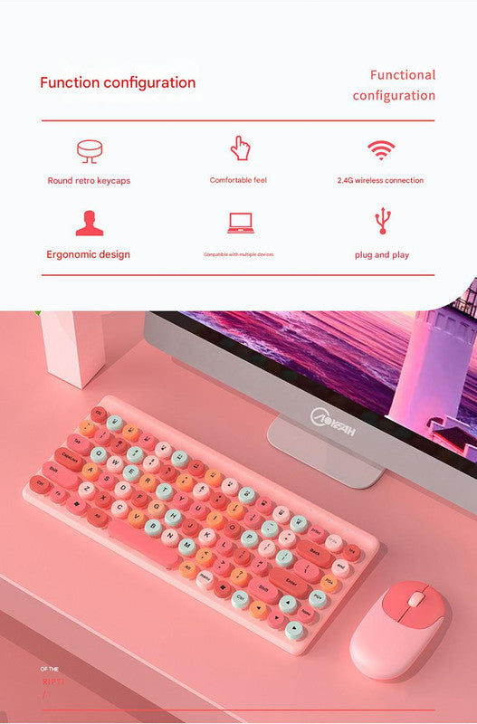 Wireless Keyboard & Mouse Combo - Retro Round Keycaps, 2.4GHz Ergonomic Design pink