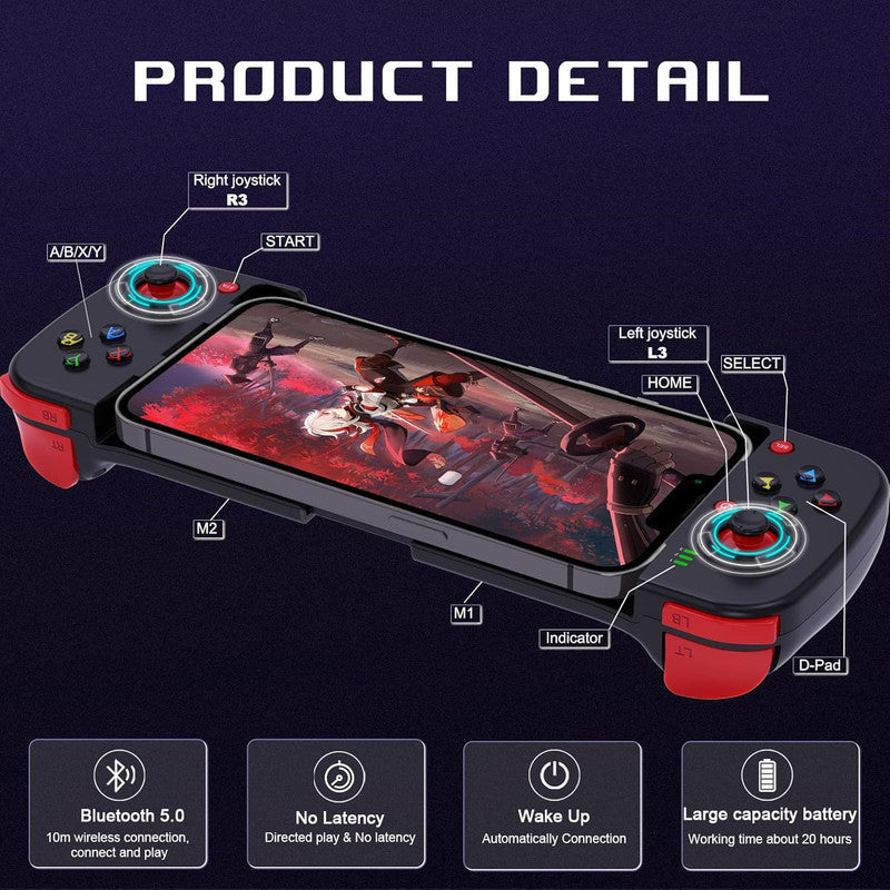 Portable Telescopic Mobile Game Controller - Bluetooth 5.0, iOS/Android/PC Compatible, 400mAh Battery blue