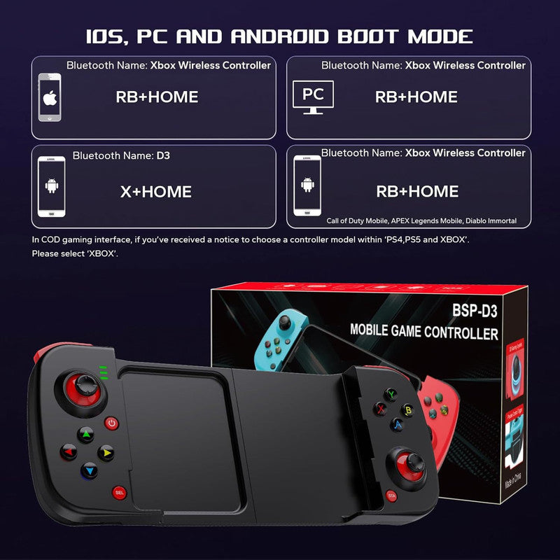 Portable Telescopic Mobile Game Controller - Bluetooth 5.0, iOS/Android/PC Compatible, 400mAh Battery blue