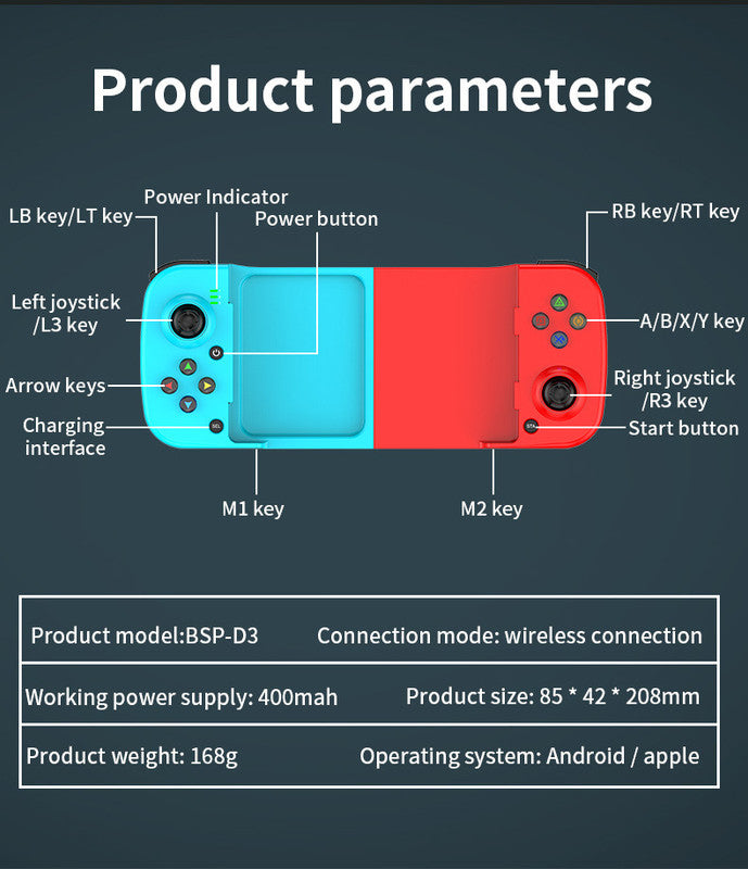 Portable Telescopic Mobile Game Controller - Bluetooth 5.0, iOS/Android/PC Compatible, 400mAh Battery blue
