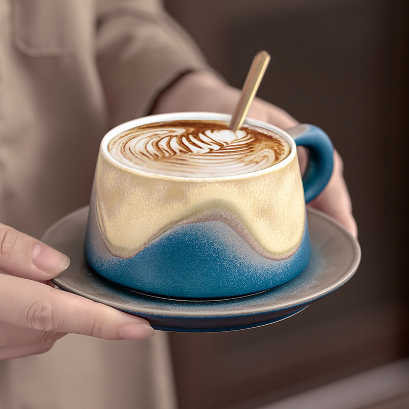 Artistic Ceramic Coffee Cup & Saucer Set with Spoon - Gradient Glaze, 240ml, Gift Boxed pink