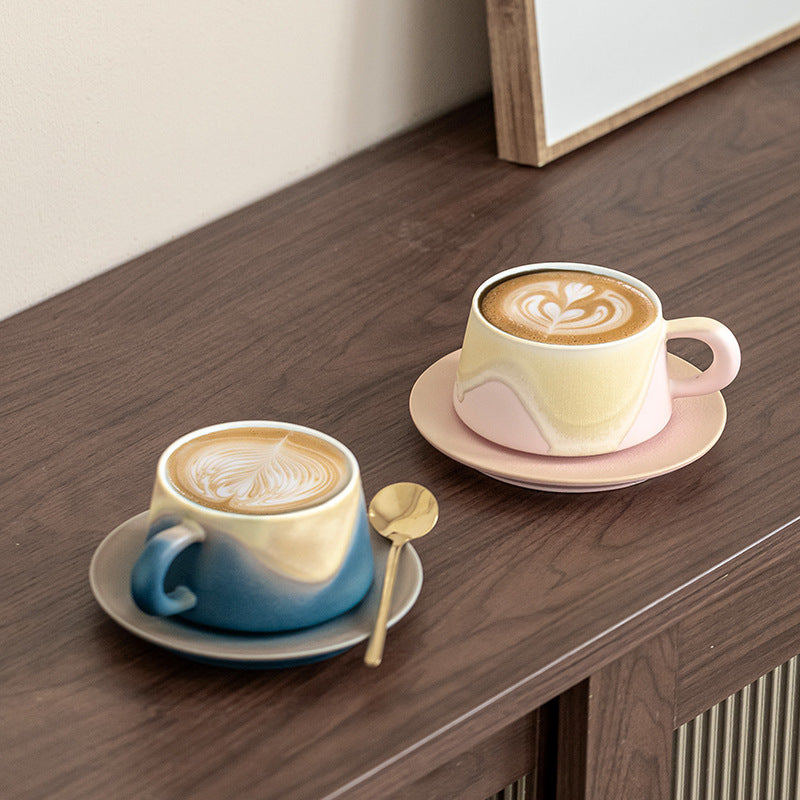 Artistic Ceramic Coffee Cup & Saucer Set with Spoon - Gradient Glaze, 240ml, Gift Boxed pink