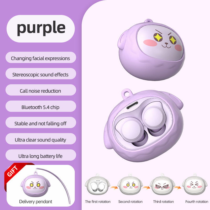 Fun Face-Changing TWS Earbuds with Rotating Case - Bluetooth 5.4, High-Quality Sound purple