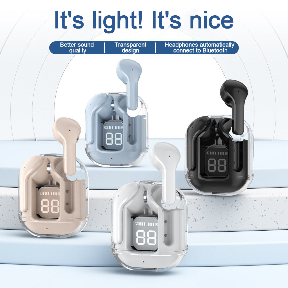 Transparent Capsule TWS Earbuds with LED Digital Display - Bluetooth 5.3, IPX4 Waterproof, Type-C Charging white