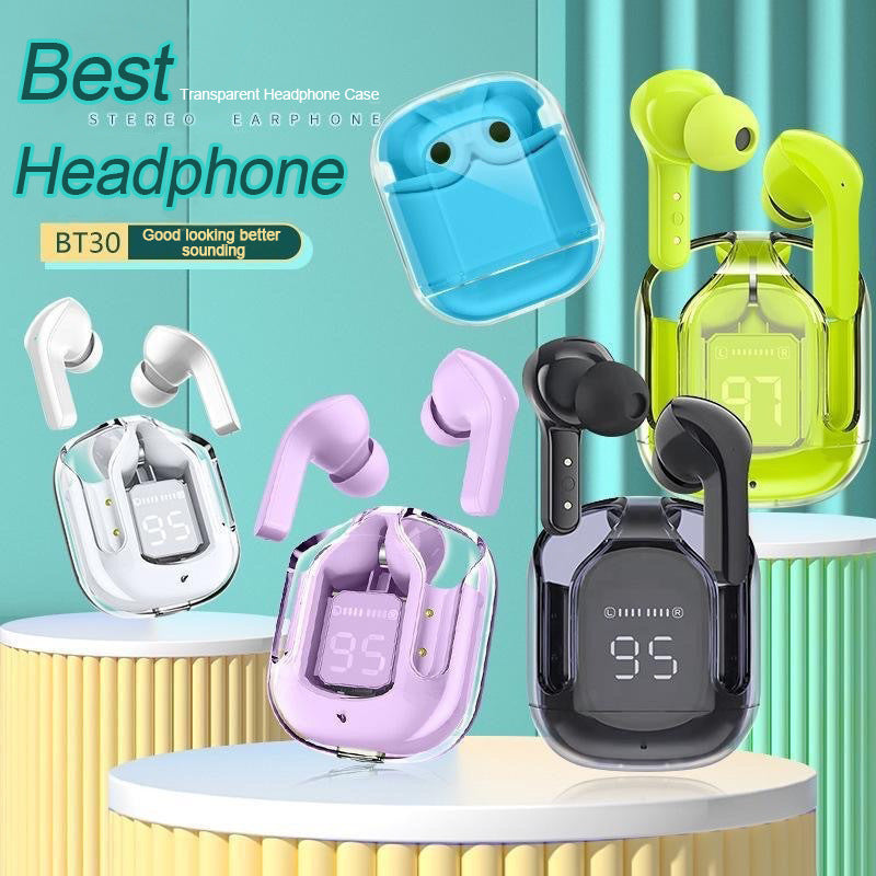 Transparent Capsule TWS Earbuds with LED Digital Display - Bluetooth 5.3, IPX4 Waterproof, Type-C Charging white