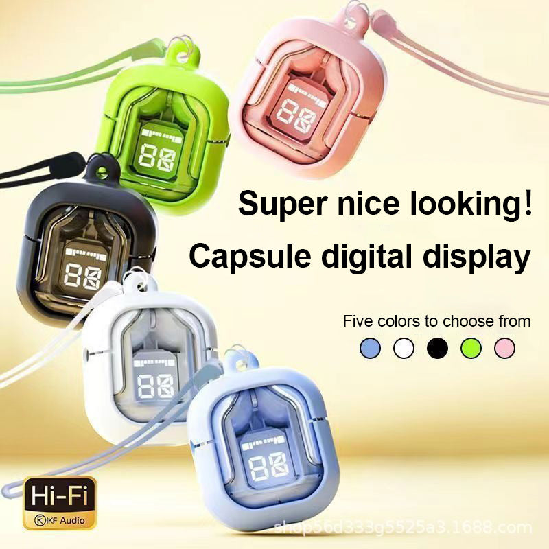 Transparent Capsule TWS Earbuds with LED Digital Display - Bluetooth 5.3, IPX4 Waterproof, Type-C Charging black