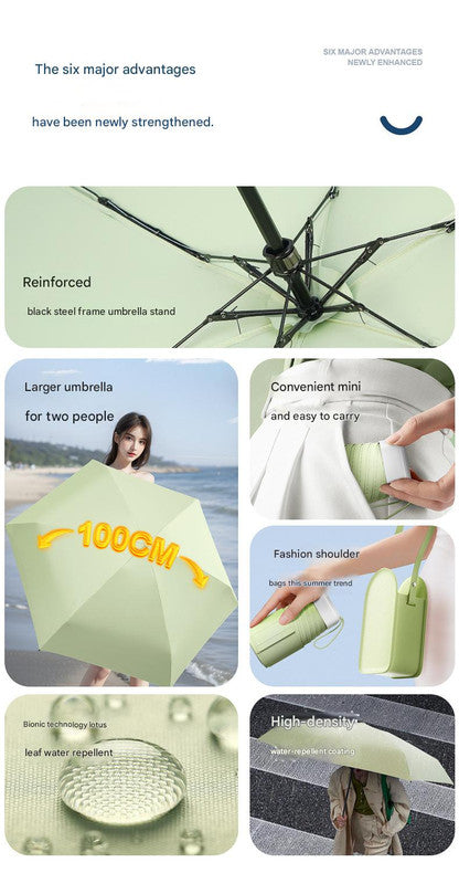 Mini Pocket Umbrella with Matching Crossbody Bag - UV Protection, 6-Rib Windproof Design beige