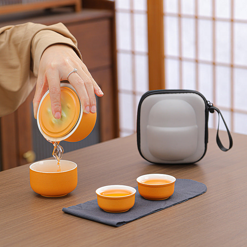 Portable Ceramic Tea Set for Travel - Quick Gaiwan with 3 Cups & Carrying Case Light green