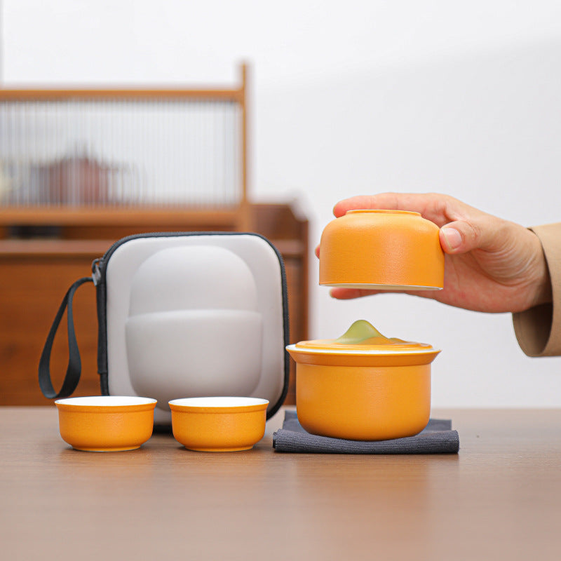Portable Ceramic Tea Set for Travel - Quick Gaiwan with 3 Cups & Carrying Case Light green