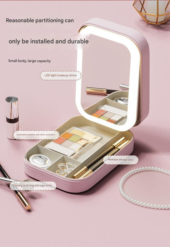 Portable Jewelry & Makeup Organizer Box with LED Touch Mirror - Rechargeable, Adjustable Lighting pink