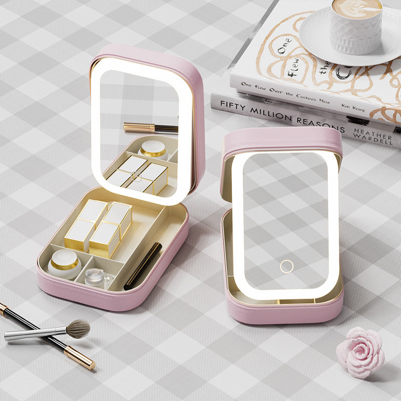 Portable Jewelry & Makeup Organizer Box with LED Touch Mirror - Rechargeable, Adjustable Lighting green