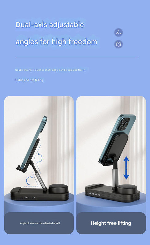 Foldable Desktop Phone Stand with Bluetooth 5.3 Speaker - Adjustable Angle & Height, TF/Line-In white