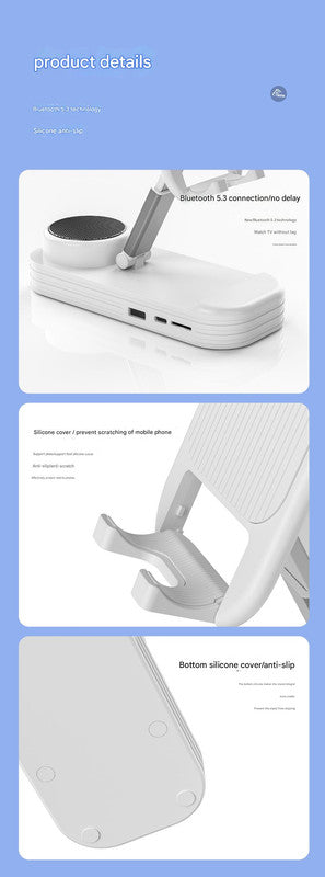 Foldable Desktop Phone Stand with Bluetooth 5.3 Speaker - Adjustable Angle & Height, TF/Line-In white
