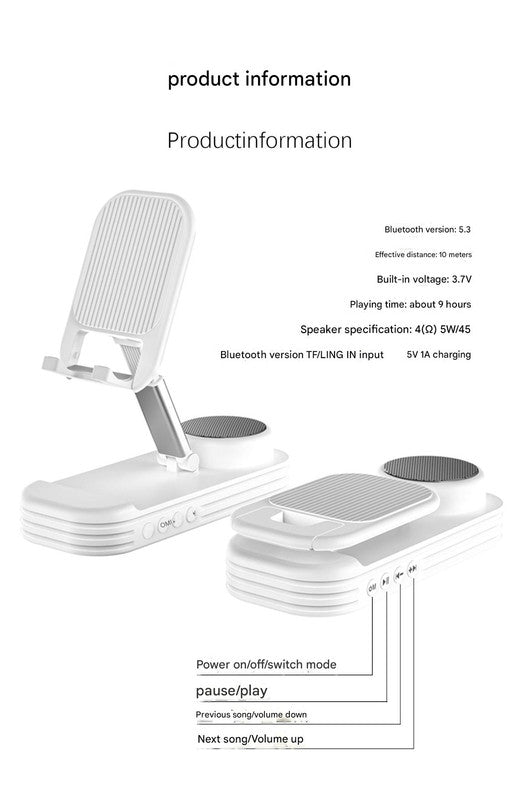 Foldable Desktop Phone Stand with Bluetooth 5.3 Speaker - Adjustable Angle & Height, TF/Line-In white