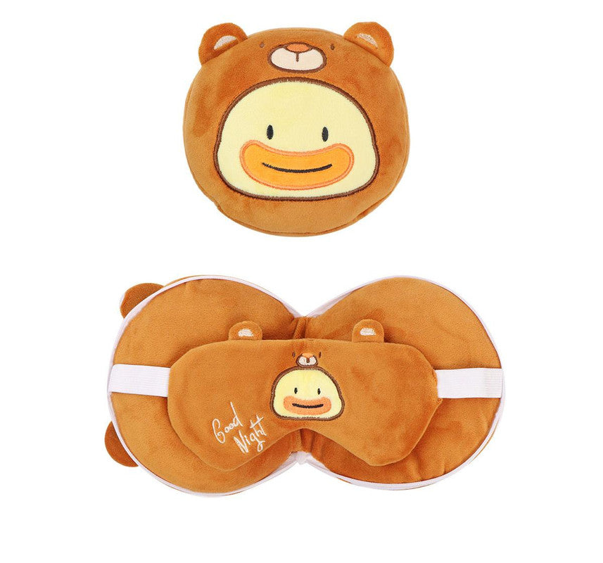 2-in-1 Convertible Eye Mask & Travel Neck Pillow Set - Plush Fabric with Snap Closure brown