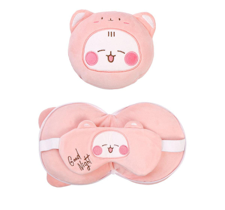 2-in-1 Convertible Eye Mask & Travel Neck Pillow Set - Plush Fabric with Snap Closure pink