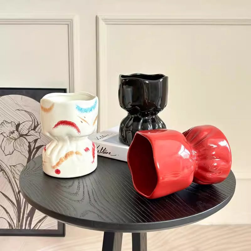 Artisan Handcrafted Ceramic Vase - Minimalist Home Decor with Stable Base red