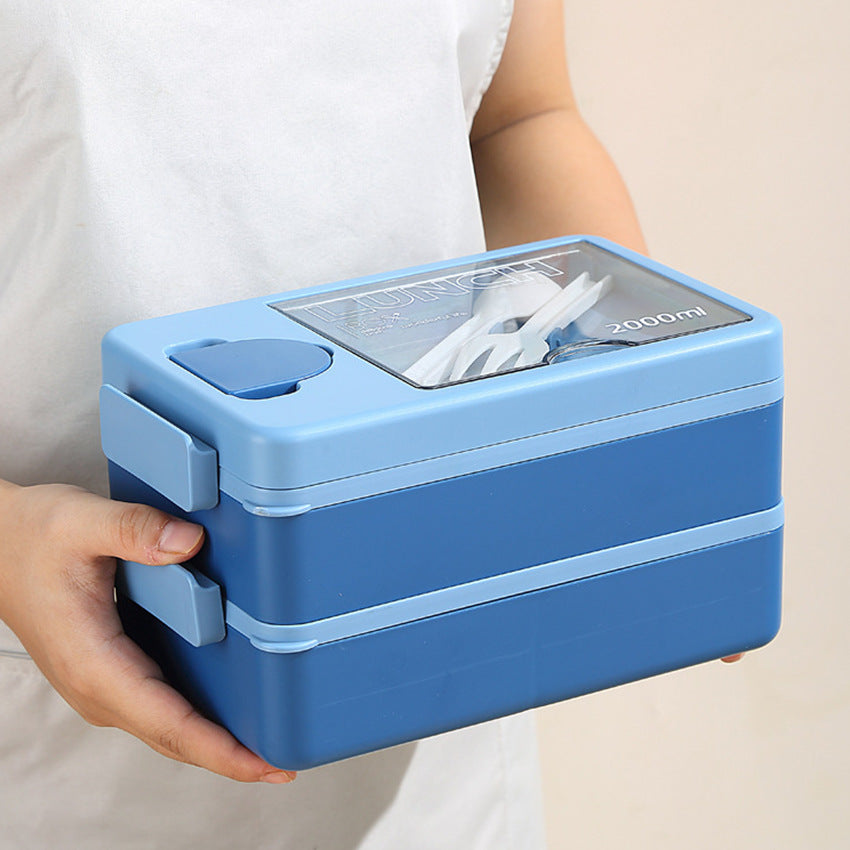2L Double-Layer Bento Lunch Box - Leak-Proof with Utensil & Sauce Container blue