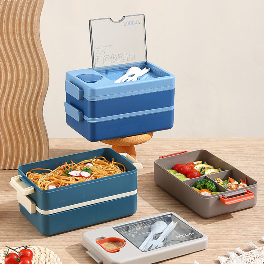 2L Double-Layer Bento Lunch Box - Leak-Proof with Utensil & Sauce Container Orange Blue