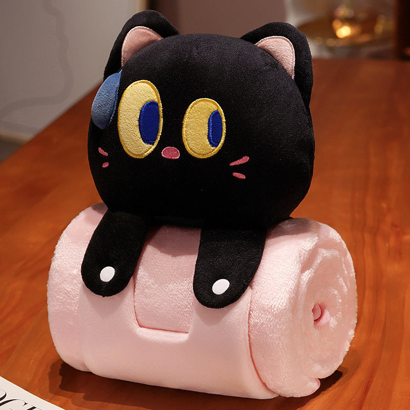 Plush 2-in-1 Pillow Blanket - Adorable Design for Cozy Comfort Black Cat