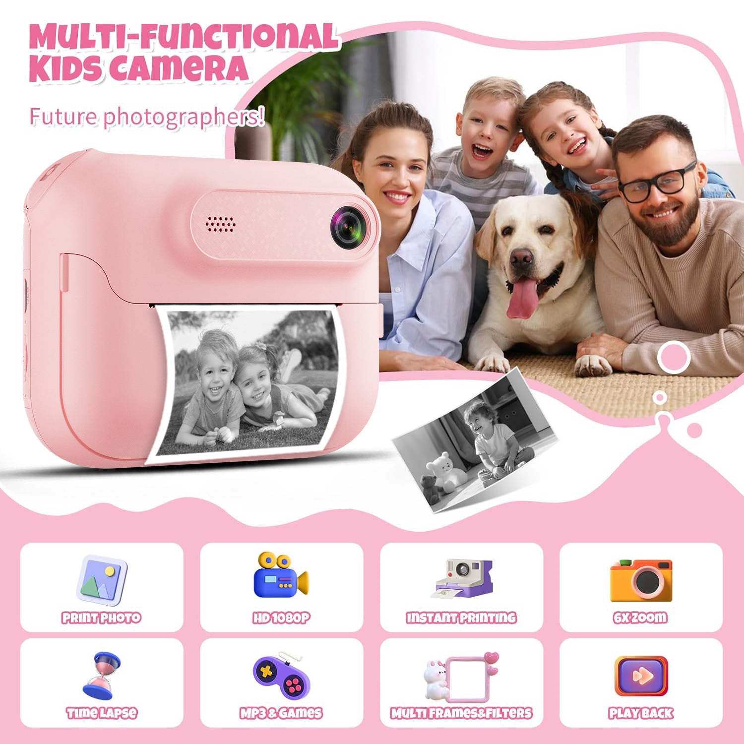 Kids Multi-Functional Camera Toy - Instant B&W Printing & Creative Stickers pink