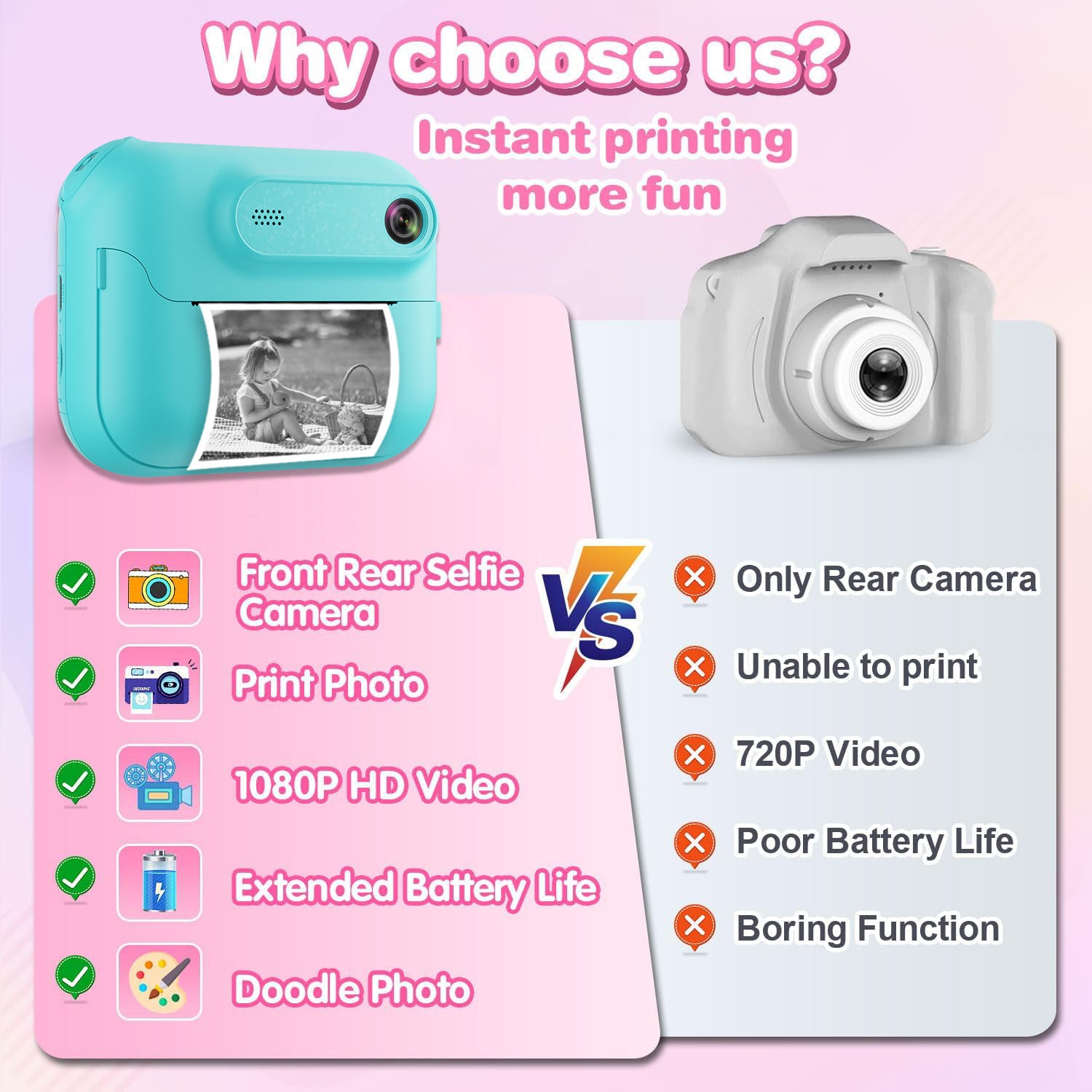 Kids Multi-Functional Camera Toy - Instant B&W Printing & Creative Stickers pink