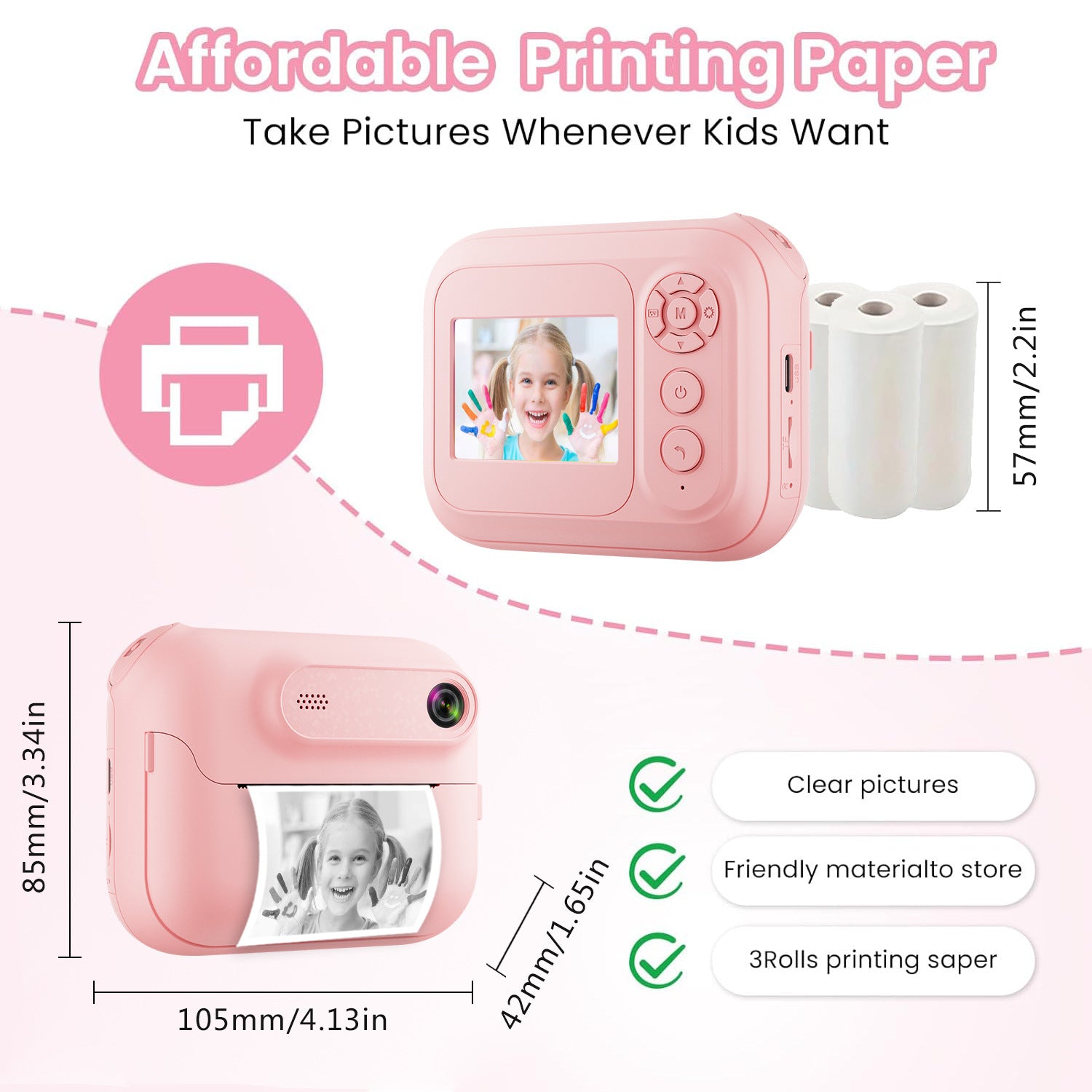 Kids Multi-Functional Camera Toy - Instant B&W Printing & Creative Stickers pink