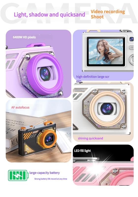 Glitter Sand Design 64MP HD Digital Camera with LED Fill Light & Auto Focus black