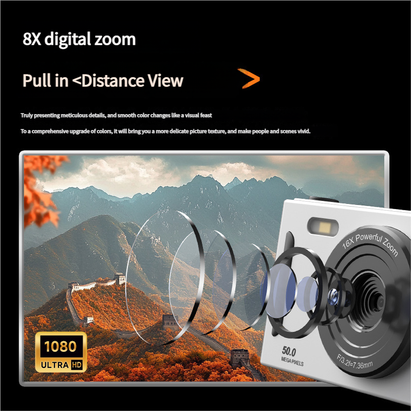 50MP HD Digital Camera with 8X Zoom & Dual Lens System pink