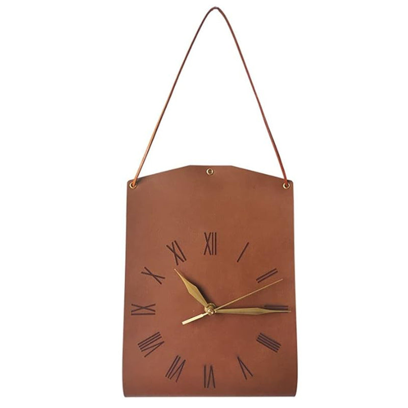Retro PU Leather Hanging Wall Clock - Silent Sweep Movement, Roman Numerals, Decorative Handbag Style Dark Brown
