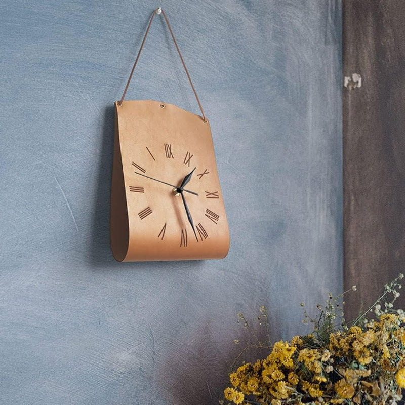 Retro PU Leather Hanging Wall Clock - Silent Sweep Movement, Roman Numerals, Decorative Handbag Style Red