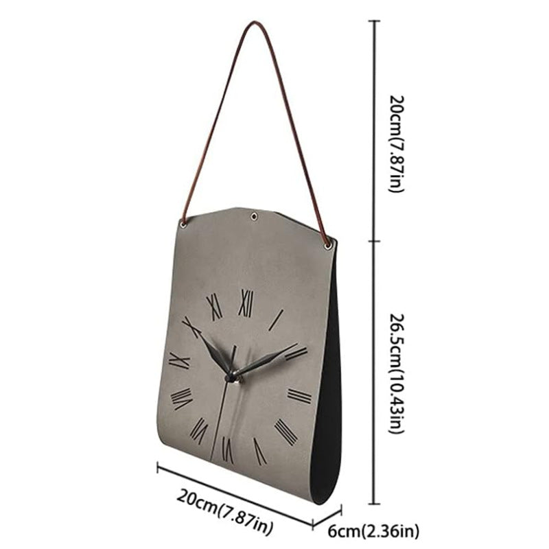 Retro PU Leather Hanging Wall Clock - Silent Sweep Movement, Roman Numerals, Decorative Handbag Style Grey