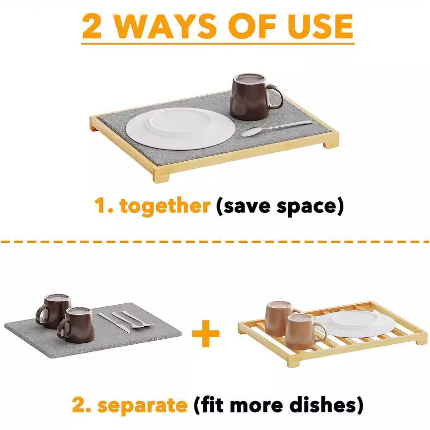 Instant Dry Stone Dish Drying Mat with Bamboo Rack - 2 Ways to Use, Quick Absorbent & Stylish marble