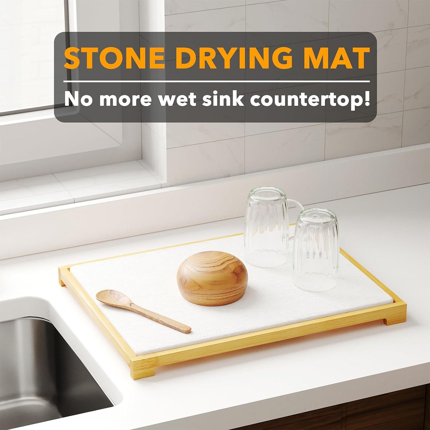 Instant Dry Stone Dish Drying Mat with Bamboo Rack - 2 Ways to Use, Quick Absorbent & Stylish marble
