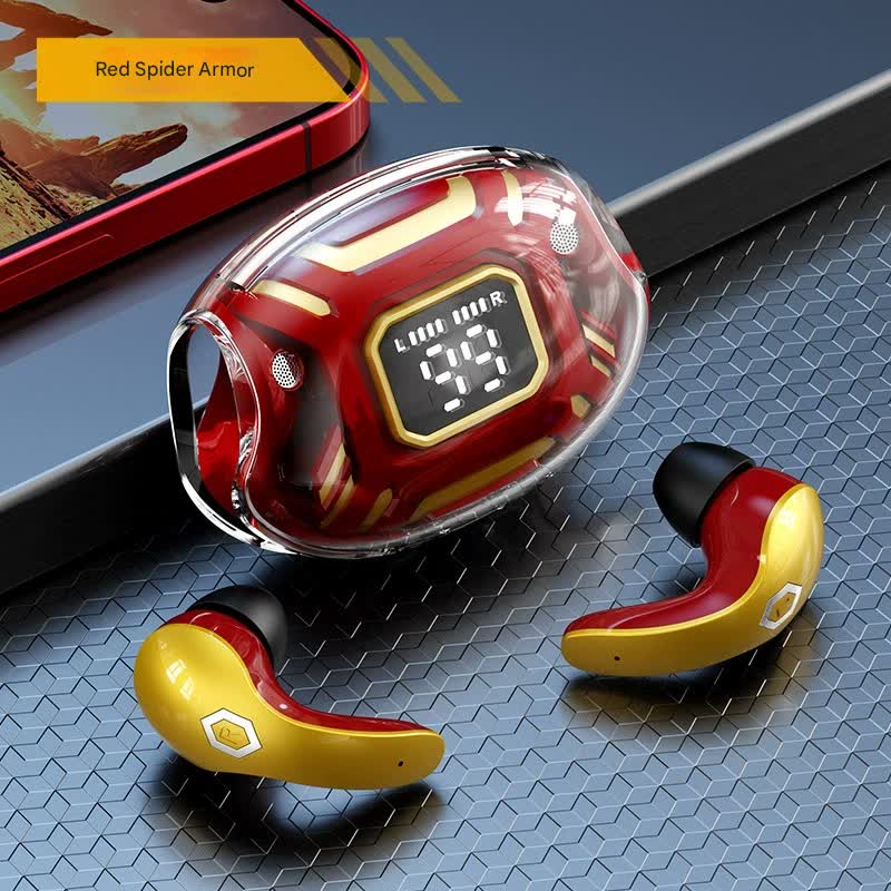 Mecha Style TWS Gaming Earbuds - Bluetooth 5.3, Low Latency, Ear-Hook Design, LED Display Case, Noise Cancelling red