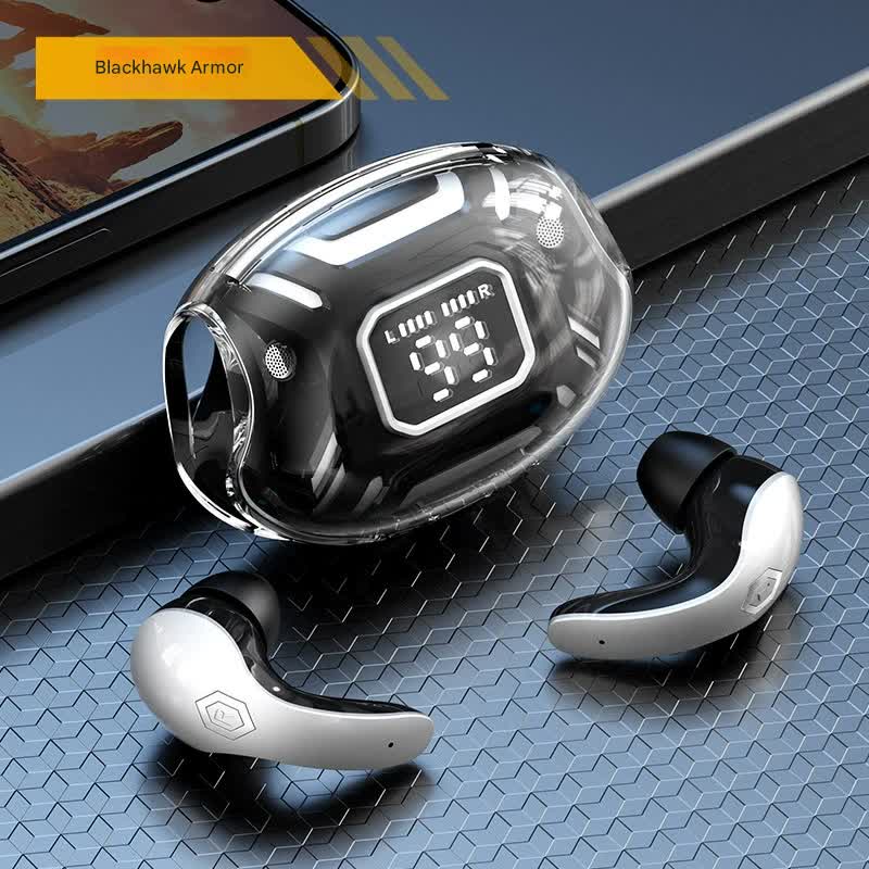 Mecha Style TWS Gaming Earbuds - Bluetooth 5.3, Low Latency, Ear-Hook Design, LED Display Case, Noise Cancelling black