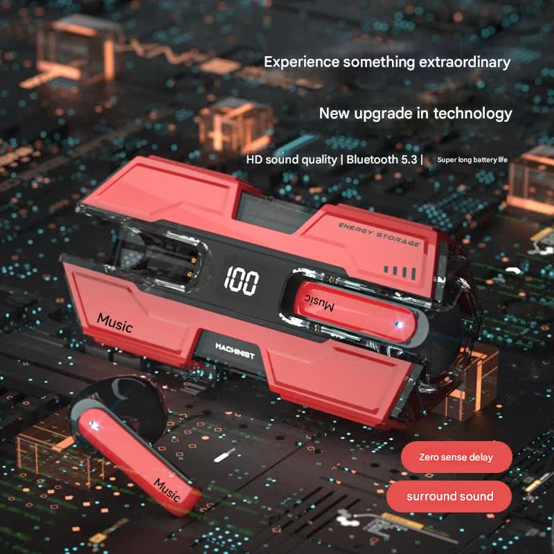 Futuristic TWS Gaming Earbuds - Bluetooth 5.3, Low Latency, HIFI Surround Sound, LED Display red