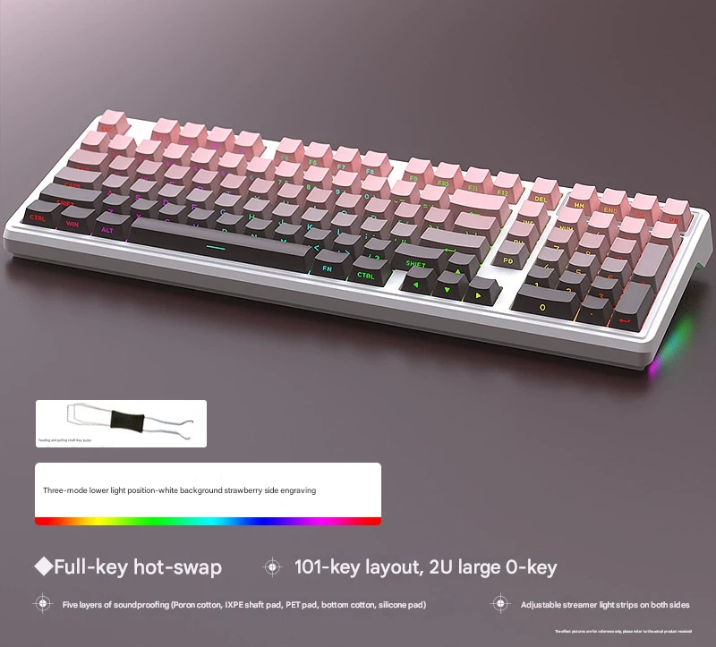Tri-Mode RGB Mechanical Gaming Keyboard - 102-Key, Hot-Swappable, 4000mAh Battery, 5-Layer Sound Dampening Strawberry on white